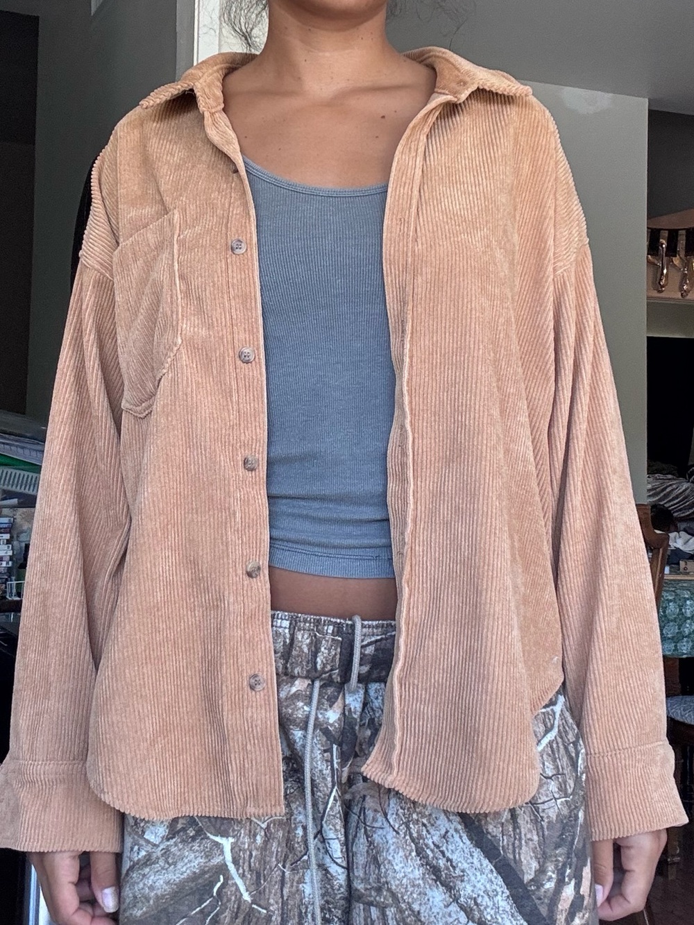 Corduroy Button-Up Shirt Jacket in Light Brown